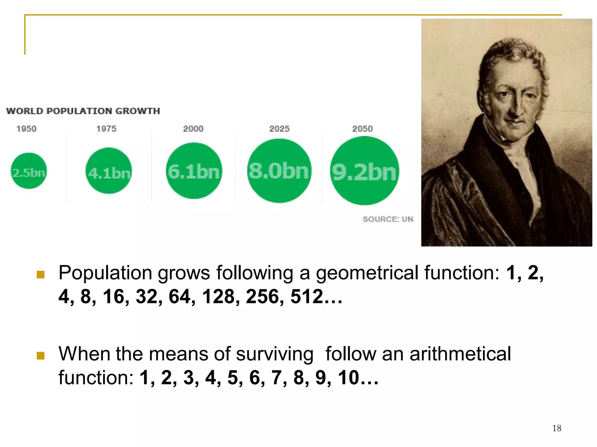    Population grows following a geometrical function: 1, 2,
    4, 8, 16, 32, 64, 128, 256, 512…

   When the means of surviving follow an arithmetical
    function: 1, 2, 3, 4, 5, 6, 7, 8, 9, 10…

                                                               18
 