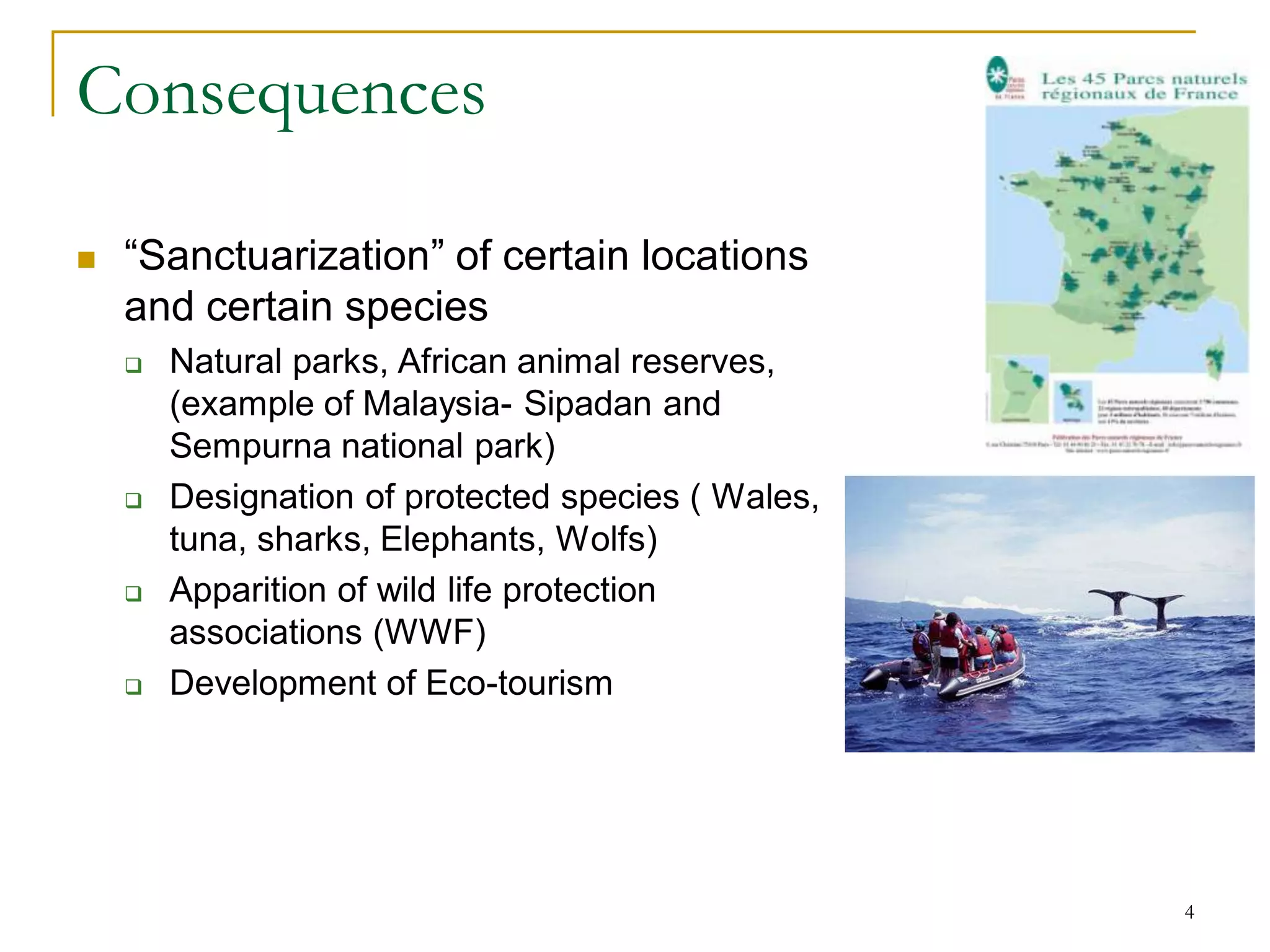 Consequences

   “Sanctuarization” of certain locations
    and certain species
       Natural parks, African animal reserves,
        (example of Malaysia- Sipadan and
        Sempurna national park)
       Designation of protected species ( Wales,
        tuna, sharks, Elephants, Wolfs)
       Apparition of wild life protection
        associations (WWF)
       Development of Eco-tourism




                                                    4
 