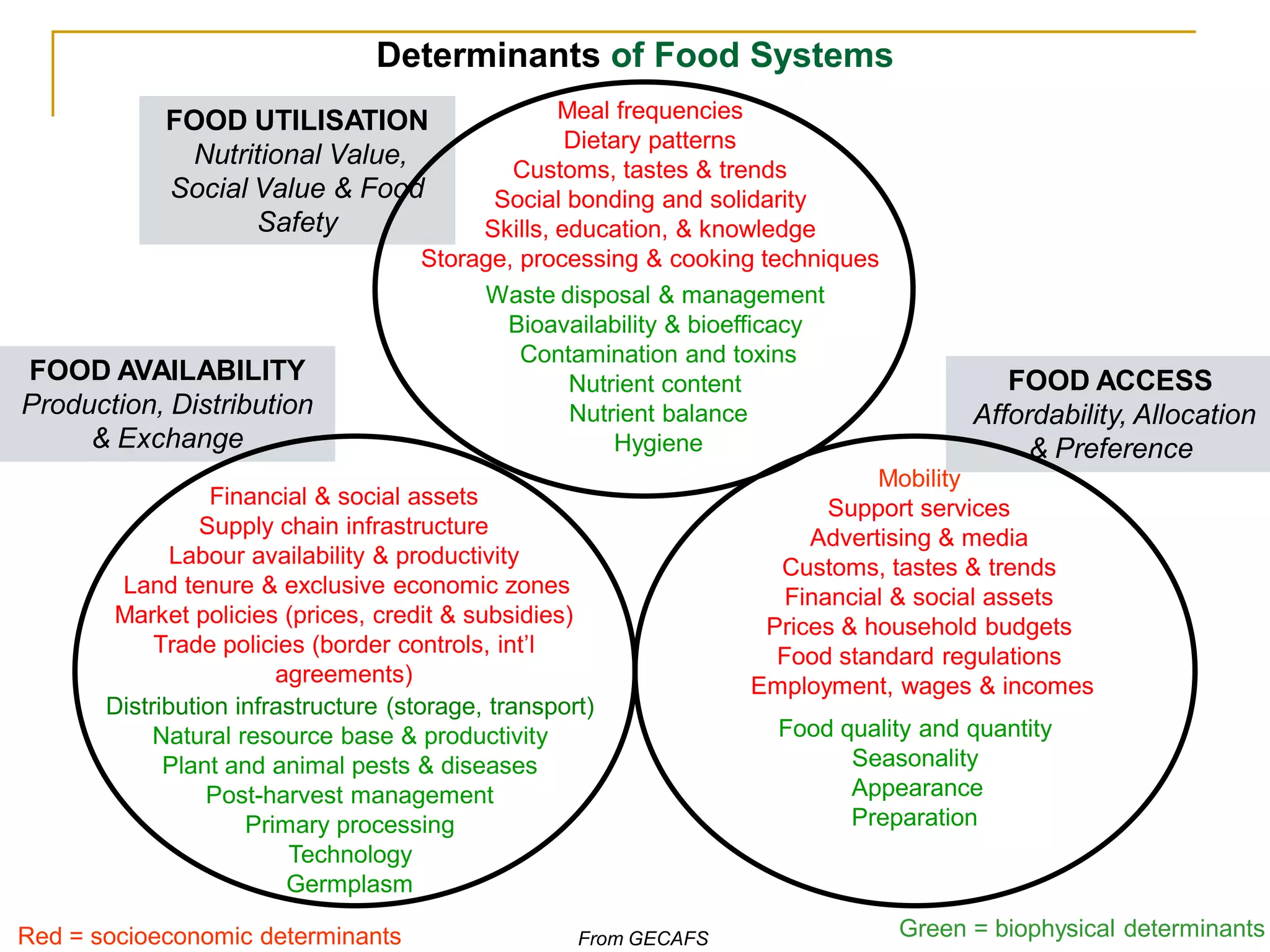 Determinants of Food Systems
             FOOD UTILISATION                      Meal frequencies
                                                    Dietary patterns
              Nutritional Value,               Customs, tastes & trends
             Social Value & Food             Social bonding and solidarity
                    Safety                 Skills, education, & knowledge
                                      Storage, processing & cooking techniques
                                           Waste disposal & management
                                              Bioavailability & bioefficacy
                                                Contamination and toxins
FOOD AVAILABILITY                                   Nutrient content                           FOOD ACCESS
Production, Distribution                            Nutrient balance                        Affordability, Allocation
     & Exchange                                         Hygiene                                  & Preference
                                                                                  Mobility
                 Financial & social assets                                    Support services
                Supply chain infrastructure                                 Advertising & media
             Labour availability & productivity                          Customs, tastes & trends
        Land tenure & exclusive economic zones                            Financial & social assets
       Market policies (prices, credit & subsidies)                     Prices & household budgets
           Trade policies (border controls, int’l                        Food standard regulations
                       agreements)                                     Employment, wages & incomes
      Distribution infrastructure (storage, transport)
           Natural resource base & productivity                          Food quality and quantity
            Plant and animal pests & diseases                                   Seasonality
                Post-harvest management                                         Appearance
                    Primary processing                                          Preparation
                        Technology
                        Germplasm

Red = socioeconomic determinants                    From GECAFS                    Green = biophysical determinants
 