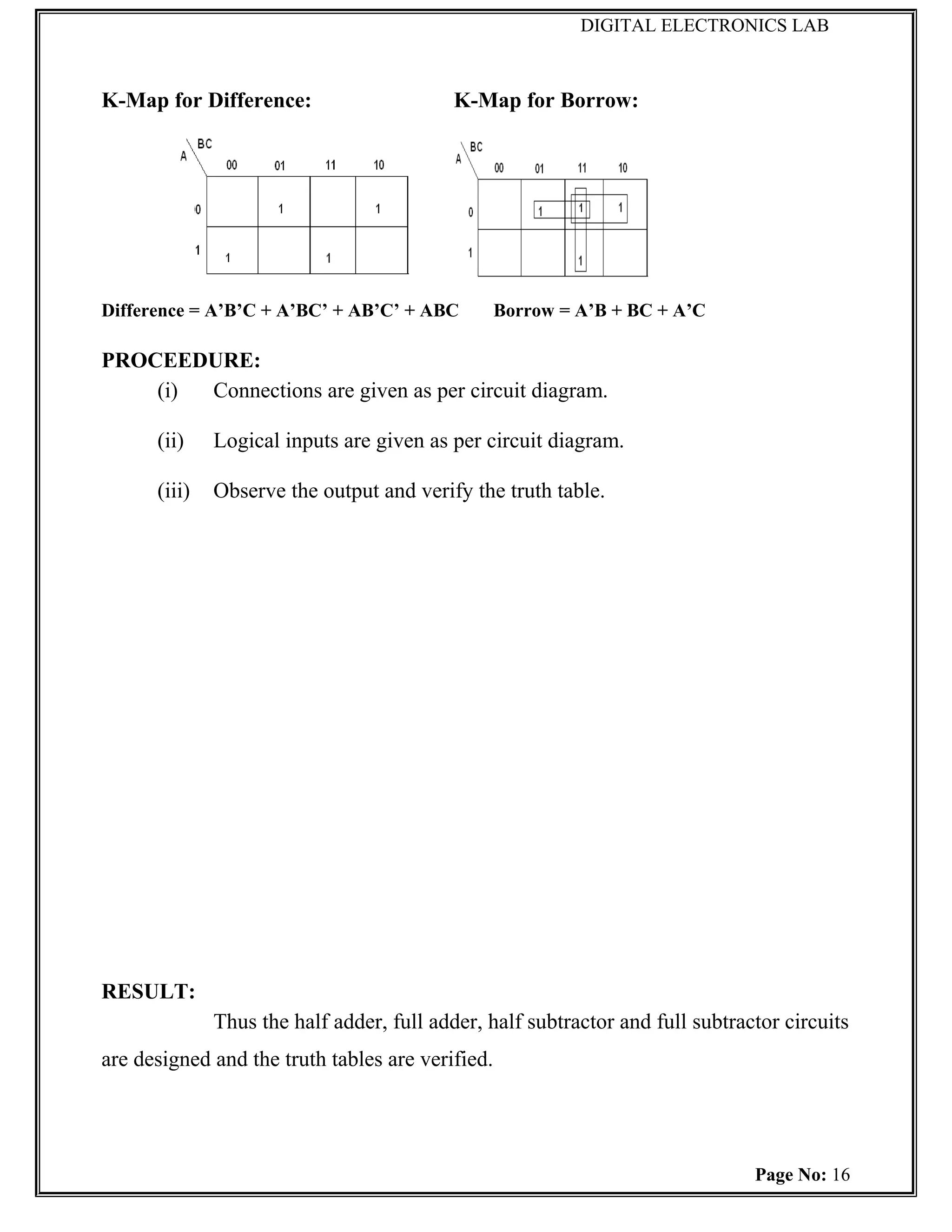 DIGITAL ELECTRONICS LAB



K-Map for Difference:                      K-Map for Borrow:




Difference = A’B’C + A’BC’ + AB’C’ + ABC          Borrow = A’B + BC + A’C

PROCEEDURE:
    (i) Connections are given as per circuit diagram.

      (ii)    Logical inputs are given as per circuit diagram.

      (iii)   Observe the output and verify the truth table.




RESULT:
              Thus the half adder, full adder, half subtractor and full subtractor circuits
are designed and the truth tables are verified.




                                                                               Page No: 16
 