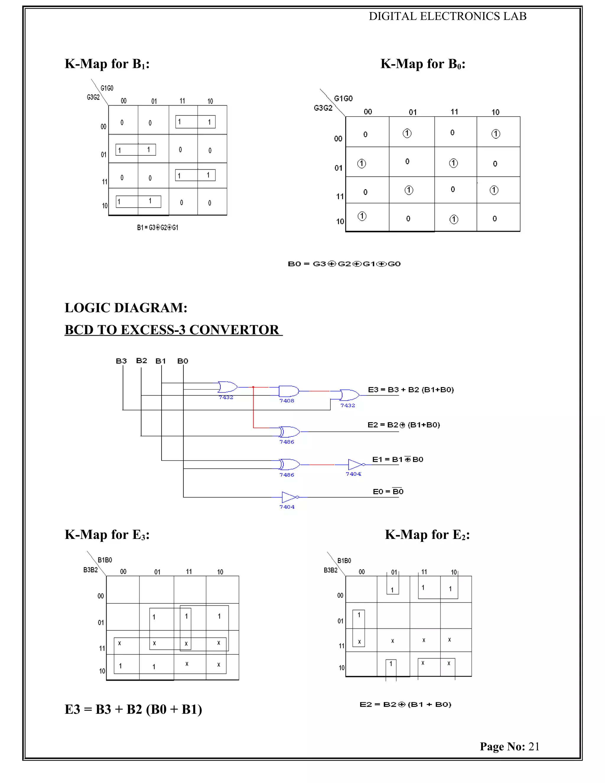 DIGITAL ELECTRONICS LAB



K-Map for B1:                K-Map for B0:




LOGIC DIAGRAM:
BCD TO EXCESS-3 CONVERTOR




K-Map for E3:                 K-Map for E2:




E3 = B3 + B2 (B0 + B1)

                                              Page No: 21
 