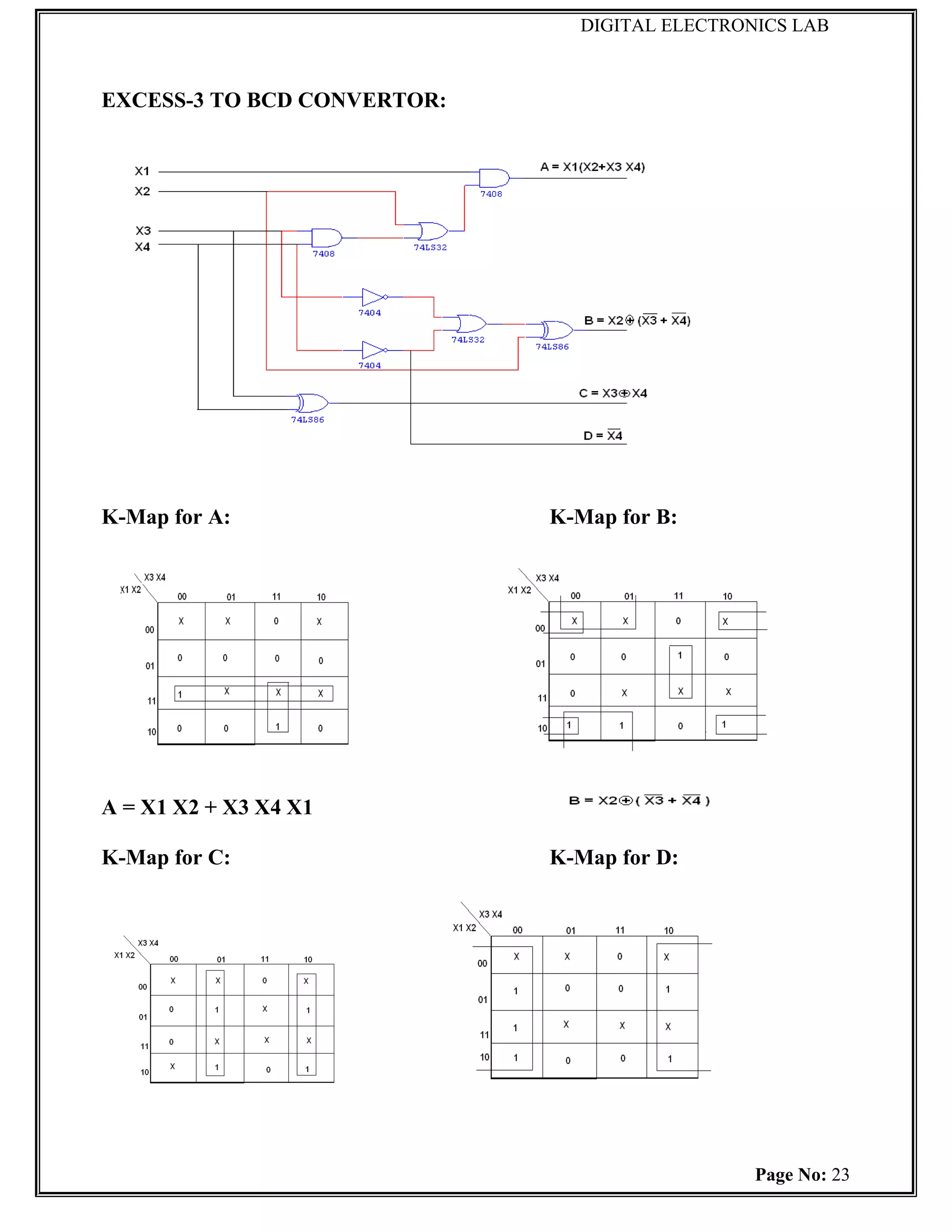 DIGITAL ELECTRONICS LAB



EXCESS-3 TO BCD CONVERTOR:




K-Map for A:                 K-Map for B:




A = X1 X2 + X3 X4 X1

K-Map for C:                 K-Map for D:




                                               Page No: 23
 