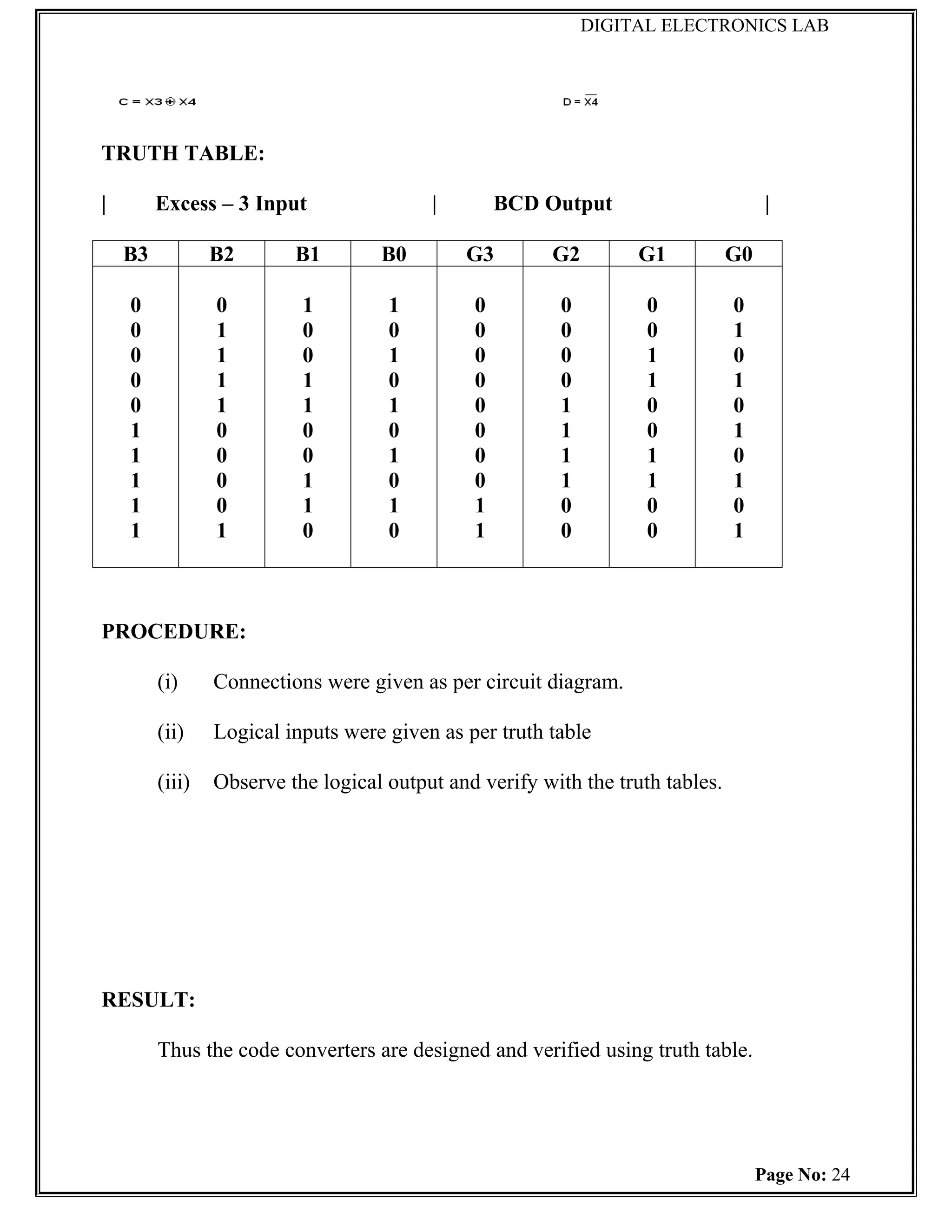 DIGITAL ELECTRONICS LAB




TRUTH TABLE:

|        Excess – 3 Input                 |        BCD Output                         |

    B3           B2       B1        B0        G3        G2         G1           G0

    0            0         1         1         0         0          0           0
    0            1         0         0         0         0          0           1
    0            1         0         1         0         0          1           0
    0            1         1         0         0         0          1           1
    0            1         1         1         0         1          0           0
    1            0         0         0         0         1          0           1
    1            0         0         1         0         1          1           0
    1            0         1         0         0         1          1           1
    1            0         1         1         1         0          0           0
    1            1         0         0         1         0          0           1



PROCEDURE:

         (i)     Connections were given as per circuit diagram.

         (ii)    Logical inputs were given as per truth table

         (iii)   Observe the logical output and verify with the truth tables.




RESULT:

         Thus the code converters are designed and verified using truth table.




                                                                                     Page No: 24
 