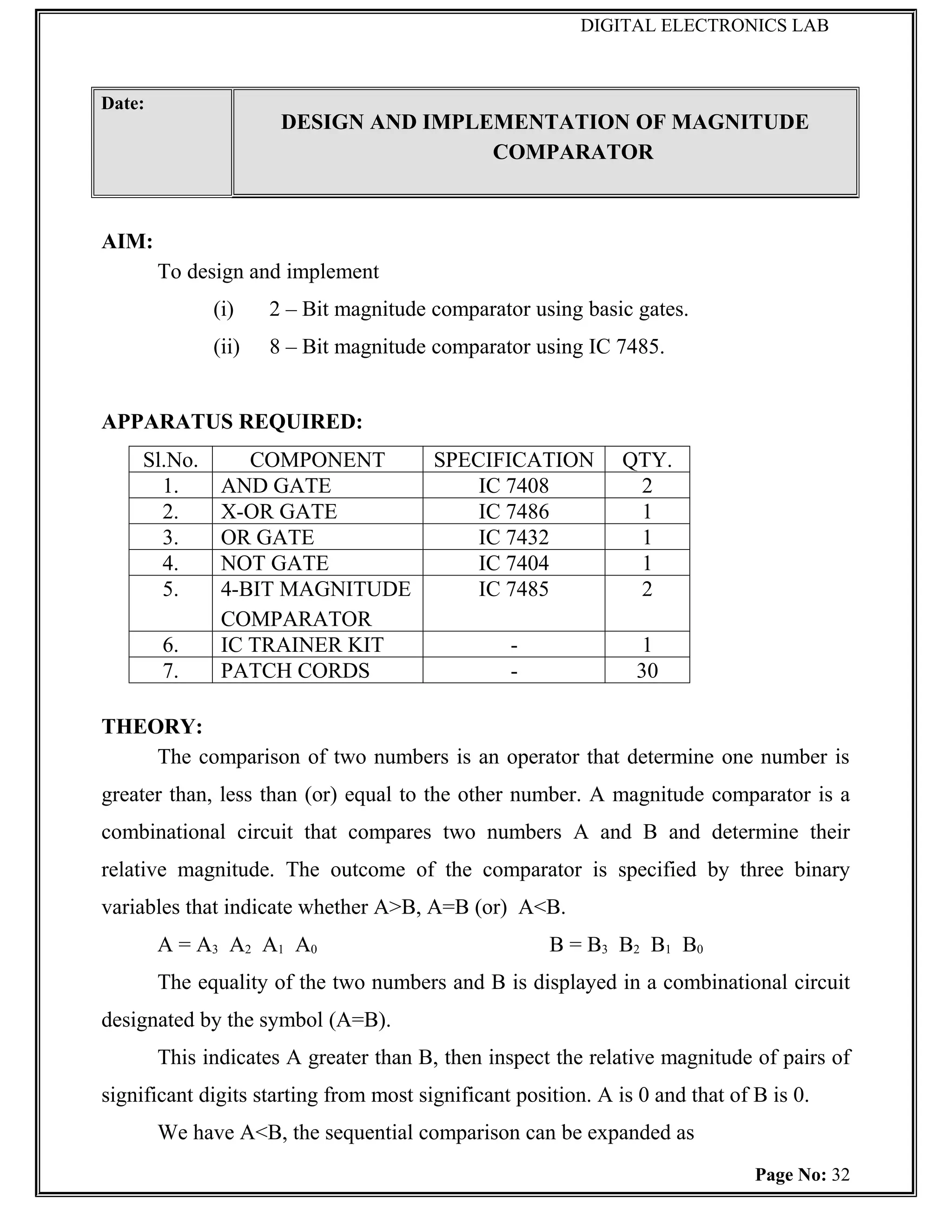 DIGITAL ELECTRONICS LAB



Date:
                      DESIGN AND IMPLEMENTATION OF MAGNITUDE
                                      COMPARATOR



AIM:
        To design and implement
              (i)    2 – Bit magnitude comparator using basic gates.
              (ii)   8 – Bit magnitude comparator using IC 7485.


APPARATUS REQUIRED:
     Sl.No.       COMPONENT             SPECIFICATION          QTY.
       1.      AND GATE                     IC 7408             2
       2.      X-OR GATE                    IC 7486             1
       3.      OR GATE                      IC 7432             1
       4.      NOT GATE                     IC 7404             1
       5.      4-BIT MAGNITUDE              IC 7485             2
               COMPARATOR
        6.     IC TRAINER KIT                    -               1
        7.     PATCH CORDS                       -              30

THEORY:
    The comparison of two numbers is an operator that determine one number is
greater than, less than (or) equal to the other number. A magnitude comparator is a
combinational circuit that compares two numbers A and B and determine their
relative magnitude. The outcome of the comparator is specified by three binary
variables that indicate whether A>B, A=B (or) A<B.
        A = A3 A2 A1 A0                               B = B3 B2 B1 B0
        The equality of the two numbers and B is displayed in a combinational circuit
designated by the symbol (A=B).
        This indicates A greater than B, then inspect the relative magnitude of pairs of
significant digits starting from most significant position. A is 0 and that of B is 0.
        We have A<B, the sequential comparison can be expanded as
                                                                               Page No: 32
 