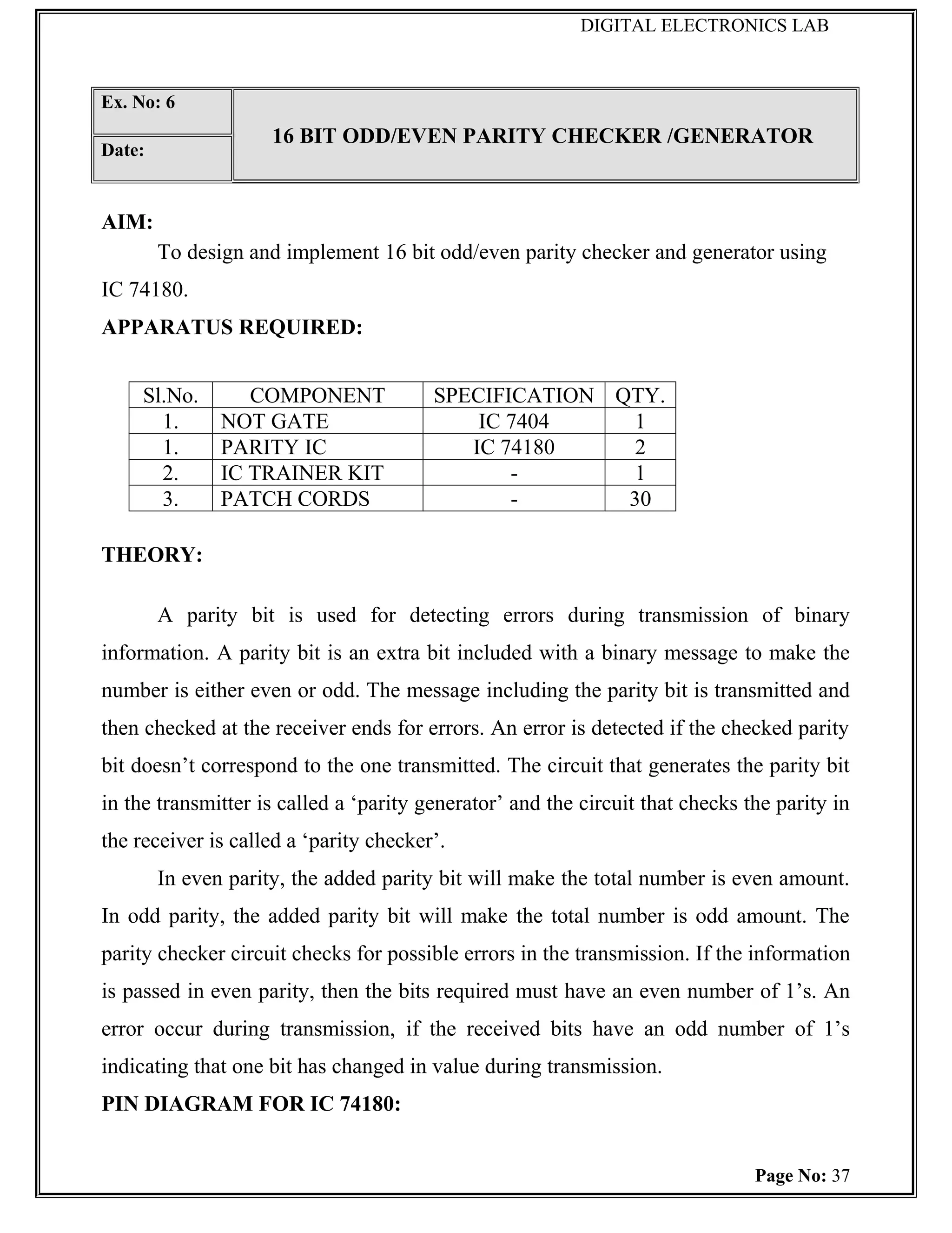 DIGITAL ELECTRONICS LAB



Ex. No: 6
                     16 BIT ODD/EVEN PARITY CHECKER /GENERATOR
Date:


AIM:
        To design and implement 16 bit odd/even parity checker and generator using
IC 74180.
APPARATUS REQUIRED:


     Sl.No.       COMPONENT             SPECIFICATION QTY.
       1.      NOT GATE                     IC 7404     1
       1.      PARITY IC                   IC 74180     2
       2.      IC TRAINER KIT                  -        1
       3.      PATCH CORDS                     -       30

THEORY:

        A parity bit is used for detecting errors during transmission of binary
information. A parity bit is an extra bit included with a binary message to make the
number is either even or odd. The message including the parity bit is transmitted and
then checked at the receiver ends for errors. An error is detected if the checked parity
bit doesn’t correspond to the one transmitted. The circuit that generates the parity bit
in the transmitter is called a ‘parity generator’ and the circuit that checks the parity in
the receiver is called a ‘parity checker’.
        In even parity, the added parity bit will make the total number is even amount.
In odd parity, the added parity bit will make the total number is odd amount. The
parity checker circuit checks for possible errors in the transmission. If the information
is passed in even parity, then the bits required must have an even number of 1’s. An
error occur during transmission, if the received bits have an odd number of 1’s
indicating that one bit has changed in value during transmission.
PIN DIAGRAM FOR IC 74180:


                                                                               Page No: 37
 