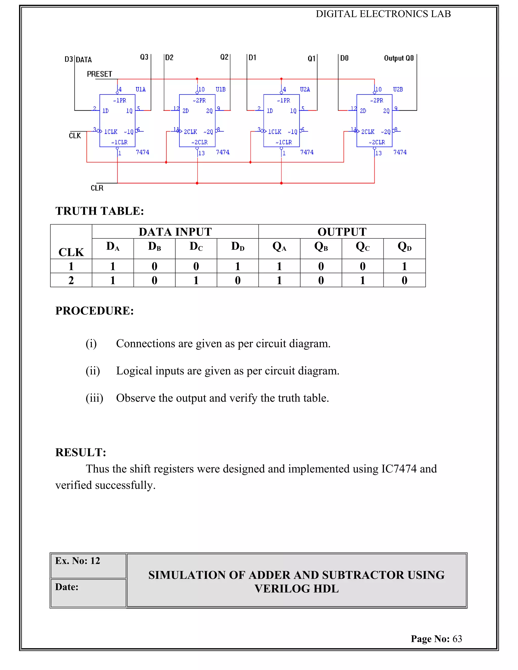 DIGITAL ELECTRONICS LAB




TRUTH TABLE:
                        DATA INPUT                            OUTPUT
                DA       DB    DC           DD       QA       QB   QC       QD
CLK
 1              1          0        0        1        1        0       0     1
 2              1          0        1        0        1        0       1     0

PROCEDURE:

        (i)         Connections are given as per circuit diagram.

        (ii)        Logical inputs are given as per circuit diagram.

        (iii)       Observe the output and verify the truth table.



RESULT:
       Thus the shift registers were designed and implemented using IC7474 and
verified successfully.




Ex. No: 12
                          SIMULATION OF ADDER AND SUBTRACTOR USING
Date:                                    VERILOG HDL



                                                                                 Page No: 63
 