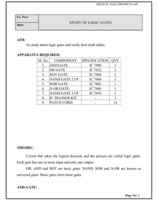 DIGITAL ELECTRONICS LAB



Ex. No:1
                                       STUDY OF LOGIC GATES
Date:



AIM:
        To study about logic gates and verify their truth tables.

APPARATUS REQUIRED:
                SL No.      COMPONENT SPECIFICATION QTY
                  1.     AND GATE         IC 7408     1
                  2.     OR GATE          IC 7432     1
                  3.     NOT GATE         IC 7404     1
                  4.     NAND GATE 2 I/P  IC 7400     1
                  5.     NOR GATE         IC 7402     1
                  6.     X-OR GATE        IC 7486     1
                  7.     NAND GATE 3 I/P  IC 7410     1
                  8.     IC TRAINER KIT      -        1
                  9.     PATCH CORD           -      14




THEORY:

        Circuit that takes the logical decision and the process are called logic gates.
Each gate has one or more input and only one output.
        OR, AND and NOT are basic gates. NAND, NOR and X-OR are known as
universal gates. Basic gates form these gates.


AND GATE:

                                                                            Page No: 4
 