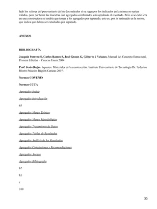 lado los valores del peso unitario de los dos métodos si se rigen por los indicados en la norma no serian
válidos, pero por tener las muestras con agregados combinados esta aprobado el resultado. Pero si se estuviera
en una constructora se tendría que tomar a los agregados por separado, esto es, por lo insinuado en la norma,
que indica que deben ser estudiadas por separado.
ANEXOS
BIBLIOGRAFÍA
Joaquín Porrero S, Carlos Ramos S, José Grases G, Gilberto J Velazco. Manual del Concreto Estructural.
Primera Edición − Caracas Enero 2004
Prof. Jesús Rojas. Apuntes. Materiales de la construcción. Instituto Universitario de Tecnología Dr. Federico
Rivero Palacios Región Caracas 2007.
Normas COVENIN
Normas CCCA
Agregados Índice
Agregados Introducción
65
Agregados Marco Teórico
Agregados Marco Metodológico
Agregados Tratamiento de Datos
Agregados Tablas de Resultados
Agregados Análisis de los Resultados
Agregados Conclusiones y Recomendaciones
Agregados Anexos
Agregados Bibliografía
h2
h1
x
100
33
 