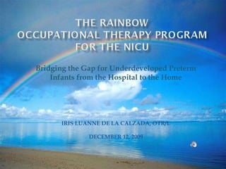 Bridging the Gap for Underdeveloped Preterm Infants from the Hospital to the Home IRIS LUANNE DE LA CALZADA, OTR/L DECEMBER 12, 2009 