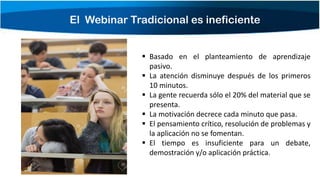El Webinar Tradicional es ineficiente
▪ Basado en el planteamiento de aprendizaje
pasivo.
▪ La atención disminuye después de los primeros
10 minutos.
▪ La gente recuerda sólo el 20% del material que se
presenta.
▪ La motivación decrece cada minuto que pasa.
▪ El pensamiento crítico, resolución de problemas y
la aplicación no se fomentan.
▪ El tiempo es insuficiente para un debate,
demostración y/o aplicación práctica.
 