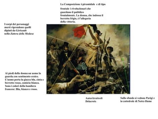 I corpi dei personaggi
morti riprendono quelli
dipinti da Géricault
nella Zattera della Medusa
La Composizione è piramidale e di tipo
frontale i rivoluzionari che
guardano il pubblico
frontalmente. La donna, che indossa il
berretto frigio, è l’allegoria
della vittoria.
Autoritrattodi
Delacroix
Sullo sfondo si vedono Parigi e
la cattedrale di Notre-Dame
Ai piedi della donna un uomo la
guarda con sentimento eroico.
L’uomo porta la giacca blu, cinta e
berretto rosso, camicia bianca.
Sono i colori della bandiera
francese: Blu, bianco e rosso.
 