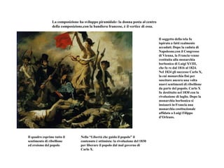 La composizione ha sviluppo piramidale: la donna posta al centro
della composizione,con la bandiera francese, è il vertice di essa.
Il soggetto della tela fu
ispirato a fatti realmente
accaduti. Dopo la caduta di
Napoleone,con il Congresso
di Vienna, la Francia venne
restituita alla monarchia
borbonica di Luigi XVIII,
che fu re dal 1816 al 1824.
Nel 1824 gli successe Carlo X,
la cui monarchia finì per
suscitare ancora una volta
nuovi sentimenti di ribellione
da parte del popolo. Carlo X
fu destituito nel 1830 con la
rivoluzione di luglio. Dopo la
monarchia borbonica si
instaurò in Francia una
monarchia costituzionale
affidata a Luigi Filippo
d’Orleans.
Il quadro esprime tutto il
sentimento di ribellione
ed eroismo del popolo
Nella “Libertà che guida il popolo” il
contenuto è ottimista: la rivoluzione del 1830
per liberare il popolo dal mal governo di
Carlo X.
 