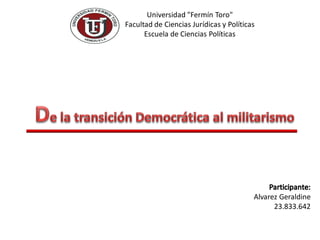 Alvarez Geraldine
23.833.642
Universidad "Fermín Toro"
Facultad de Ciencias Jurídicas y Políticas
Escuela de Ciencias Políticas
 