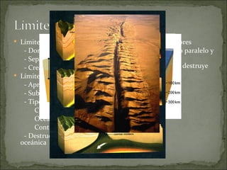  Límites divergentes             Límites conservadores
   - Dorsales oceánicas              - Desplazamiento paralelo y
   - Separación placas             contrario
   - Creación corteza oceánica       - No se crea ni se destruye
 Límites convergentes             corteza oceánica
                                     - Formados por:
   - Aproximación placas
                                        Fallas
   - Subducción
                                        Fracturas
   - Tipos:
       Continental-oceánica
       Oceánica-oceánica
       Continental-continental
   - Destrucción corteza
  oceánica
 