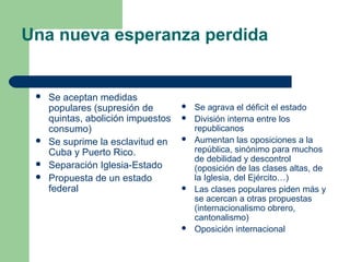 Una nueva esperanza perdida


    Se aceptan medidas
     populares (supresión de           Se agrava el déficit el estado
     quintas, abolición impuestos      División interna entre los
     consumo)                           republicanos
    Se suprime la esclavitud en       Aumentan las oposiciones a la
     Cuba y Puerto Rico.                república, sinónimo para muchos
                                        de debilidad y descontrol
    Separación Iglesia-Estado          (oposición de las clases altas, de
    Propuesta de un estado             la Iglesia, del Ejército…)
     federal                           Las clases populares piden más y
                                        se acercan a otras propuestas
                                        (internacionalismo obrero,
                                        cantonalismo)
                                       Oposición internacional
 