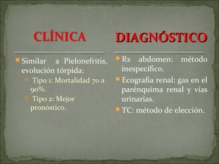 DIAGNÓSTICO
Similar    a Pielonefritis, Rx abdomen: método
 evolución tórpida:           inespecífico.
   Tipo 1: Mortalidad 70 a  Ecografía renal: gas en el
   90%.                       parénquima renal y vías
   Tipo 2: Mejor             urinarias.
   pronóstico.               TC: método de elección.
 