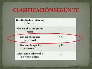 Gas limitado al sistema   1
       colector .

Gas en el parénquima      2
        renal

   Gas en el espacio      3A
     perirrenal

   Gas en el espacio      3B
     pararrenal

Afectación bilateral o    4
   de riñón único
 