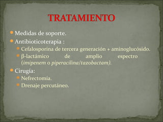 Medidas de soporte.
Antibioticoterapia :
   Cefalosporina de tercera generación + aminoglucósido.
   β-lactámico      de        amplio       espectro
    (imipenem o piperacilina/tazobactam).
Cirugía:
   Nefrectomía.
   Drenaje percutáneo.
 
