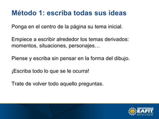 Método 1: escriba todas sus ideas
Ponga en el centro de la página su tema inicial.
Empiece a escribir alrededor los temas derivados:
momentos, situaciones, personajes…
Piense y escriba sin pensar en la forma del dibujo.
¡Escriba todo lo que se le ocurra!
Trate de volver todo aquello preguntas.
 