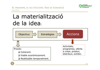 EL PROGRAMA, EL PLA D’ACCIONS. FASE DE CONCRECIÓ
Accions



La materialització
de la idea:
      Objectius            Estratègies             Accions


                                               Activitats,
 Procés:                                       programes, oferta
          Coherent.                            a crear, produir,
                                               distribuir, exhibir.
          Viable econòmicament.
          Realitzable temporalment.

                                                                      26
 