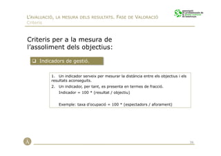 L’AVALUACIÓ, LA MESURA DELS RESULTATS. FASE DE VALORACIÓ
Criteris



Criteris per a la mesura de
l’assoliment dels objectius:

      Indicadors de gestió.


           1. Un indicador serveix per mesurar la distància entre els objectius i els
           resultats aconseguits.
           2.   Un indicador, per tant, es presenta en termes de fracció.
                Indicador = 100 * (resultat / objectiu)


                Exemple: taxa d’ocupació = 100 * (espectadors / aforament)




                                                                                        36
 