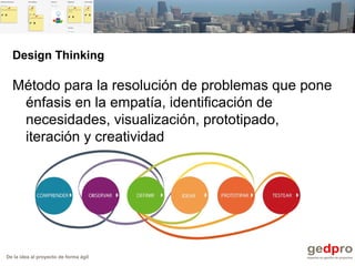 De la idea al proyecto de forma ágil
Design Thinking
Método para la resolución de problemas que pone
énfasis en la empatía, identificación de
necesidades, visualización, prototipado,
iteración y creatividad
 