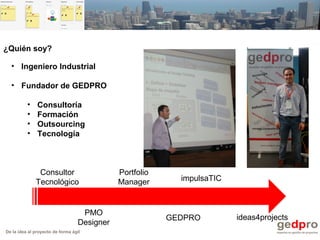 De la idea al proyecto de forma ágil
¿Quién soy?
• Ingeniero Industrial
• Fundador de GEDPRO
• Consultoría
• Formación
• Outsourcing
• Tecnología
Consultor
Tecnológico
PMO
Designer
Portfolio
Manager
GEDPRO
impulsaTIC
ideas4projects
 