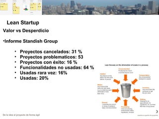 De la idea al proyecto de forma ágil
Valor vs Desperdicio
•Informe Standish Group
• Proyectos cancelados: 31 %
• Proyectos problematicos: 53
• Proyectos con éxito: 16 %
• Funcionalidades no usadas: 64 %
• Usadas rara vez: 16%
• Usadas: 20%
Lean Startup
 