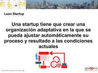 De la idea al proyecto de forma ágil
Una startup tiene que crear una
organización adaptativa en la que se
pueda ajustar automáticamente su
proceso y resultado a las condiciones
actuales
Lean Startup
 