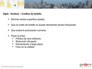 De la idea al proyecto de forma ágil
Agile - Kanban – Cuellos de botella
 Eliminar tareas superflua (waste)
 Que el cuello de botella no queda demasiado tiempo bloqueado
 Que exista la priorización correcta
 Parar la línea:
 Política de cero defectos
 Reducción del gasto
 Pensamiento a largo plazo
 Foco en la calidad
 