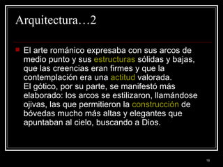Arquitectura…2 El arte románico expresaba con sus arcos de medio punto y sus  estructuras  sólidas y bajas, que las creencias eran firmes y que la contemplación era una  actitud  valorada. El gótico, por su parte, se manifestó más elaborado: los arcos se estilizaron, llamándose ojivas, las que permitieron la  construcción  de bóvedas mucho más altas y elegantes que apuntaban al cielo, buscando a Dios. 