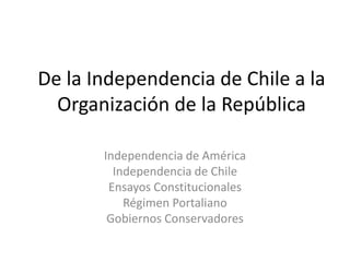 De la Independencia de Chile a la
Organización de la República
Independencia de América
Independencia de Chile
Ensayos Constitucionales
Régimen Portaliano
Gobiernos Conservadores
 