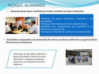 BLOQUE: ALUMNADO
 Alumnado puede lograr resultados personales contando con apoyos adecuados.
-Disponen de apoyos necesarios y ajustados a sus
necesidades
-Participan de la elaboración de su plan de apoyos
-Satisfecho que competencias que desarrolla en el
centro sirven para su vida
-Participan en elección de su futuro tras etapa escolar
-Participan de actividades culturales y
lúdicas del pueblo o barrio del centro
-Participan y comparten programas
educativos con alumnado de centros
ordinarios
 Actividades compartidas con alumnado de centros escolares ordinarios y organizaciones
del entorno comunitario
 