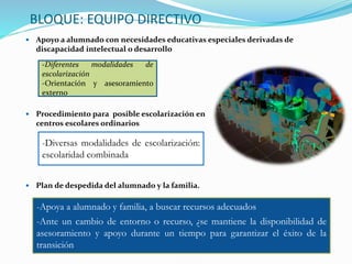 BLOQUE: EQUIPO DIRECTIVO
 Apoyo a alumnado con necesidades educativas especiales derivadas de
discapacidad intelectual o desarrollo
-Diferentes modalidades de
escolarización
-Orientación y asesoramiento
externo
-Diversas modalidades de escolarización:
escolaridad combinada
 Procedimiento para posible escolarización en
centros escolares ordinarios
 Plan de despedida del alumnado y la familia.
-Apoya a alumnado y familia, a buscar recursos adecuados
-Ante un cambio de entorno o recurso, ¿se mantiene la disponibilidad de
asesoramiento y apoyo durante un tiempo para garantizar el éxito de la
transición
 