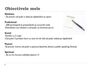 Obiectivele mele
Sănătate:
- Să practic cel puțin o dată pe săptămână un sport

Profesional:
- 500 participanți la prezentările și cursurile mele
-Dezvoltare sau vânzare a cel puțin un business pe an

Social:
-Familie cu 2 copii
-Cel putin 5 prieteni buni cu care să mă văd cel puțin odată pe săptămână

Pasiuni:
-Să practic mereu cel puțin o pasiune (baschet, dansuri, public speaking, fitness)

Spiritual:
- Să nu îmi încurce celelalte planuri 
 