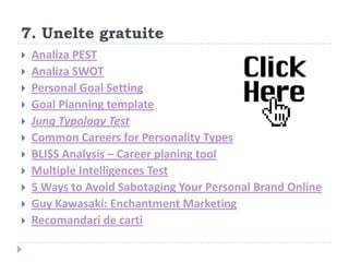 7. Unelte gratuite
   Analiza PEST
   Analiza SWOT
   Personal Goal Setting
   Goal Planning template
   Jung Typology Test
   Common Careers for Personality Types
   BLISS Analysis – Career planing tool
   Multiple Intelligences Test
   5 Ways to Avoid Sabotaging Your Personal Brand Online
   Guy Kawasaki: Enchantment Marketing
   Recomandari de carti
 