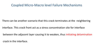 Coupled Micro-Macro level Failure Mechanisms
There can be another scenario that this crack terminates at the neighboring
interface. This crack front act as a stress concentration site for interface
between the adjacent layer causing it to weaken, thus initiating delamination
crack in the interface.
 
