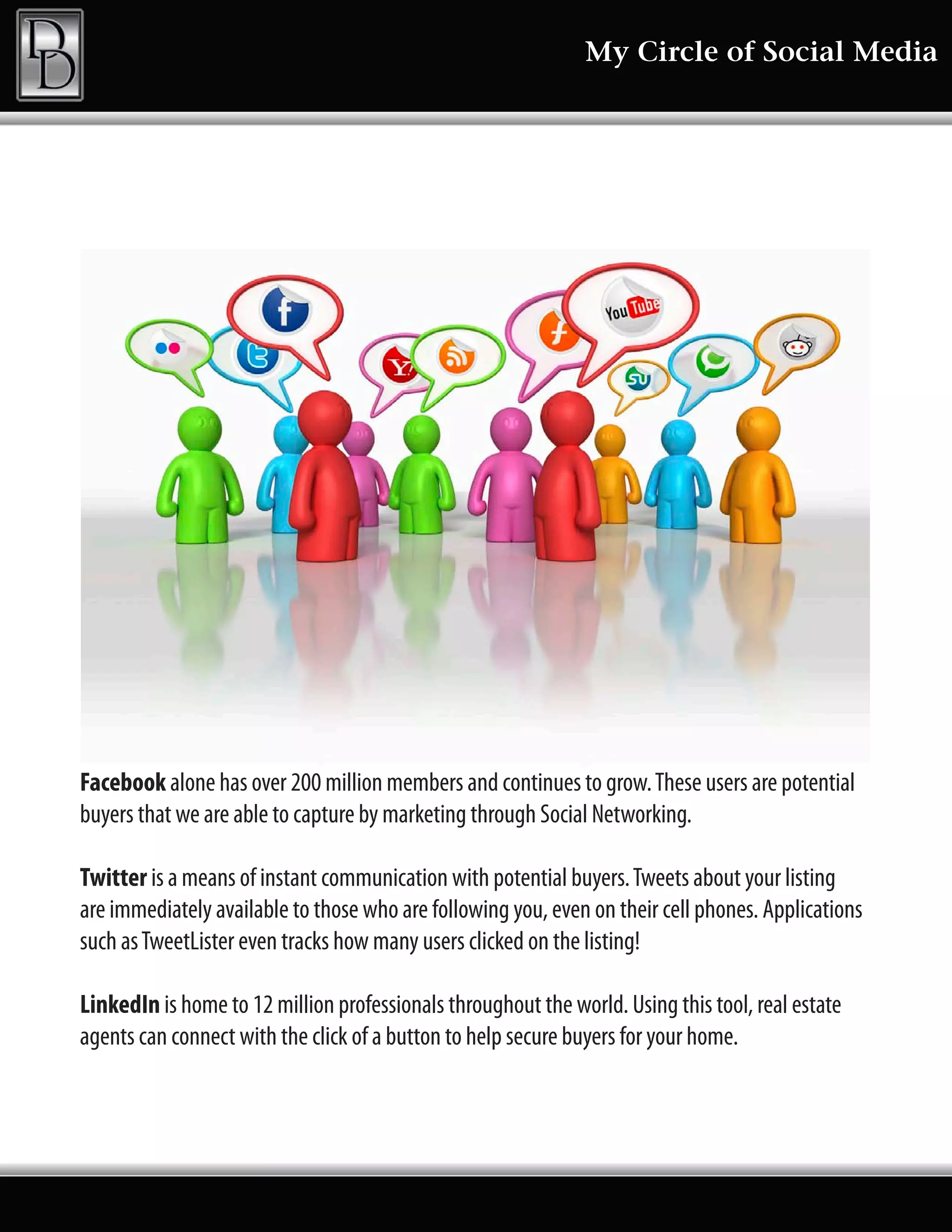 My Circle of Social Media




Facebook alone has over 200 million members and continues to grow. These users are potential
buyers that we are able to capture by marketing through Social Networking.

Twitter is a means of instant communication with potential buyers. Tweets about your listing
are immediately available to those who are following you, even on their cell phones. Applications
such as TweetLister even tracks how many users clicked on the listing!

LinkedIn is home to 12 million professionals throughout the world. Using this tool, real estate
agents can connect with the click of a button to help secure buyers for your home.
 