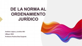 DE LA NORMA AL
ORDENAMIENTO
JURÍDICO
Análisis Lógico y Jurídico 003
UMayor 2022
Profesora Paulina Díaz Guajardo
1
 