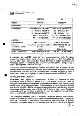 •
•
PETfl:ÓLED BRA$N_Et'llC) $./1.
PETflOBRAS
ALSTOM·
Modelo GT11N2-1
Quantidade 4
Cronograma EMBARQUE EX-WORKS
#1 - 4 meses após NTP
#2 - 4 meses após NTP
#3 - 31 março 2002
#4 - 31 março 2002
PREÇOS
Equipamentos CHF 174'300'000
Serviços de Apenas supervisão instaI.
consultoria técnica e comis.
Treinamento (incl)
lnvest. específico US$ 231 / kW instalado
GE
PG6101FA
4
EMBARQUE EX-WORKS
#1 - 31 março 2001
#2 - 31 julho 2001
#3 - 31 outubro 2001
#4 - 30 novembro 2001
EUROS 84,143,500
US$4,277,800 (12.432
horas)
US$31 0,000
US$ 300/ kW instalado
A proposta da ALSTOM além de ser economicamente mais favorável,
apresentava equipamentos mais adequados ao projeto que tem restrições de
espaço, pois para cada uma das quatro turbinas a vapor existentes em
Piratininga seriam necessárias três a quatro turbinas GE6FA, atingindo-se o
mesmo desempenho com duas GT11 N2.
O consumo de combustível em ciclo aberto, 3,5% menor para a turbina GE não
foi suficiente para modificar esta escolha. Além disso com o fechamento do ciclo
e conseqüente operação em ciclo combinado este consumo adicional se reduz a
quase zero. Deste modo, a opção foi por utilizar as turbinas ALSTOM GT11N2.
3.2. PROJETO TRÊS LAGOAS
Inicialmente, este projeto foi desenvolvido, a partir da proposta de uma
associação entre a Petrobras (30%) e a Florida Power (70%) com base na
disponibilidade pela Florida Power de duas turbinas a Gás GE 7FA de um projeto
nos EUA que havia sido postergado. Pelas bases do projeto, durante o período
emergencial de 2001 a 2003 a usina operaria em ciclo aberto vendendo a energia
no mercado aberto e, após este período, seria fechado o ciclo com a Petrobras
comprando parte da energia e o restante devendo ser negociado em contratos
com concessionárias e grandes consumidores.
Com relação ao aporte de capital, a exemplo dos demais projetos emergenciais,
os parceiros deveriam integralizar o investimento necesssário para a construção
da usina ("fu" equity"), buscando o financiamento posteriormente. A Florida
Power não concordou, exigindo que além da garantia de compra de energia .pela
t-V10
Impressopor:110.735.907-47Pet5886
Em:02/06/2016-17:21:35
 
