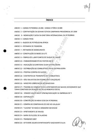 •
•
- - - - - - - - - - - - - - - - - - - - ,
íNDICE
ANEXO 1- SONDA PETROBRAS 10.000 - SONDA VITÓRIA 10.000
ANEXO 2 - CONTRATAÇÃO DA SCHAIN X DíVIDA CAMPANHA PRESIDENCIAL DE 2006
ANEXO 3 - NOMEAÇÃO E SAíDA DA DIRETORIA INTERNACIONAL DA PETROBRAS
ANEXO 4 - SONDA PRIDE
ANEXO 5 - BLOCOS DE PETRÓLEO NA ÁFRICA
ANEXO 6 - REFINARIA DE PASADENA
ANEXO 7 - REFINARIA DE MANGUINHOS
ANEXO 8 - CONSTRUÇÃO DE BASES DA UTC
ANEXO 9 - FÁBRICA DE LUBRIFICANTES DE DUQUE DE CAXIAS
ANEXO 10 - EMBANDEIRAMENTO DE POSTOS EM SP
ANEXO ll-INDICAÇÃO DA DIRETORIA DA BR DISTRIBUIDORA
ANEXO 12 - DISTRIBUiÇÃO DE COMBUSTíVEIS NA BR DISTRIBUIDORA
ANEXO 13 - PROPINA COMPRA DE ÁLCOOL
ANEXO 14 - CONTRATOS DE TRANSPORTE DE COMBUSTíVEIS
ANEXO 15 -IDEU SALVATIjAJUDA FINANCEIRA À DALÇOQUIO
ANEXO 16 - MINISTRO LOBÃO/APOIO AO BANCO BVA
ANEXO 17 - TRADING DE COMBUSTíVEIS E AFRETAMENTO DE NAVIOS (DESCONHECE QUE
TENHA CONSTADO DA DELAÇÃO DE PAULO ROBERTO COSTA)
ANEXO 18 - SENADO VALDIR RAUPP (PMDB)/INDICAÇÃO DE EMPRESAS DE TI
ANEXO 19 - COPERSUCAR
ANEXO 20 - CONSTRUÇÃO DA NOVA SEDE DA PETROBRAS
ANEXO 21- COMPRA DE COMPANHIAS DE GÁS NO URUGUAY
ANEXO 22 - "LEASING" DE BASES E ARMAZEM EM MACAÉ
ANEXO 23 - AFRETAMENTO DE NAVIOS
ANEXO 24 - SAFRA DE ÁLCOOL DE ALAGOAS
ANEXO 25 - TRANSENER 2007
ANEXO 26 - OFFSHORE JOLMEY/APARTAMENTO NASCIMENTO SILVA
1
Impressopor:110.735.907-47Pet5886
Em:02/06/2016-17:21:35
 