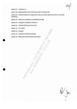 •
•
ANEXO 27 -INTERBALTIC
ANEXO 28 - NEGOCIAÇÕES PARA PROPINAS DA BR DISTRIBUIDORA
ANEXO 29 - OFERECIMENTO DE PAGAMENTO PARA QUE NÃO FOSSE REALIZADA A DELAÇÃO
PREMIADA
ANEXO 30 - VENDA DA IPIRANGA À PETROBRÁS EM 2005
ANEXO 31- JAQCQUES WAGNER X GABRIELLI
ANEXO 32 - TERMOELÉTRICAS (ALSTON/GE)
ANEXO 33 - FTC CARDS
ANEXO 34 - EVOQUE
ANEXO 35 - COMPRA DA PEREZ COMPANC
ANEXO 36 - PRÉDIO DO ESCRITÓRIO EM SALVADOR
2
Impressopor:110.735.907-47Pet5886
Em:02/06/2016-17:21:35
 