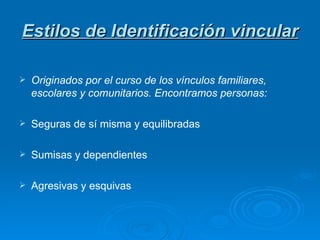 Estilos de Identificación vincular Originados por el curso de los vínculos familiares, escolares y comunitarios. Encontramos personas: Seguras de sí misma y equilibradas Sumisas y dependientes Agresivas y esquivas 