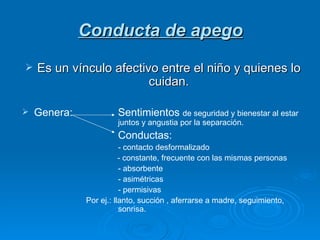 Conducta de apego Es un vínculo afectivo entre el niño y quienes lo cuidan. Genera:  Sentimientos  de seguridad y bienestar al estar  juntos y angustia por la separación. Conductas: - contacto desformalizado - constante, frecuente con las mismas personas - absorbente - asimétricas - permisivas Por ej.: llanto, succión , aferrarse a madre, seguimiento,  sonrisa. 