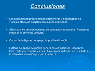 Conclusiones Los niños nacen preorientados socialmente y necesitados de vínculos afectivos estables con algunas personas. Si los adultos ofrecen conjunto de conductas adecuadas, frecuentes entablan la corriente vincular. Carencia  de figuras de apego: imposible de suplir. Historia de apego  deficitaria  genera estilos ansiosos, inseguros, fríos, distantes: manifiestan cambios emocionales bruscos, miedo a la intimidad, obsesión por pérdida del otro. 