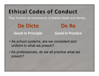 Ethical Codes of Conduct
They function as expressions of shared ideals and identity

De Dicto

De Re

• As school systems, are we consistent and
uniform in what we preach?
• As professionals, do we all practice what we
preach?

 