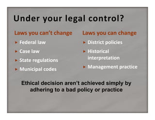 Under your legal control?
Laws you can’t change

Laws you can change














Ethical decision aren’t achieved simply by
adhering to a bad policy or practice

 