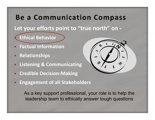 Be a Communication Compass







As a key support professional, your role is to help the
leadership team to ethically answer tough questions

 