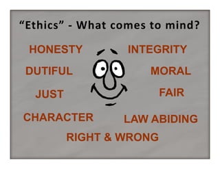 “Ethics” ‐ What comes to mind? 
HONESTY

INTEGRITY

DUTIFUL

MORAL

JUST

FAIR

CHARACTER

LAW ABIDING

RIGHT & WRONG

 