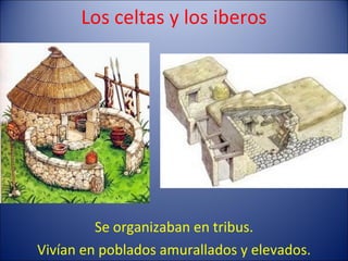 Los celtas y los iberos Se organizaban en tribus. Vivían en poblados amurallados y elevados. 